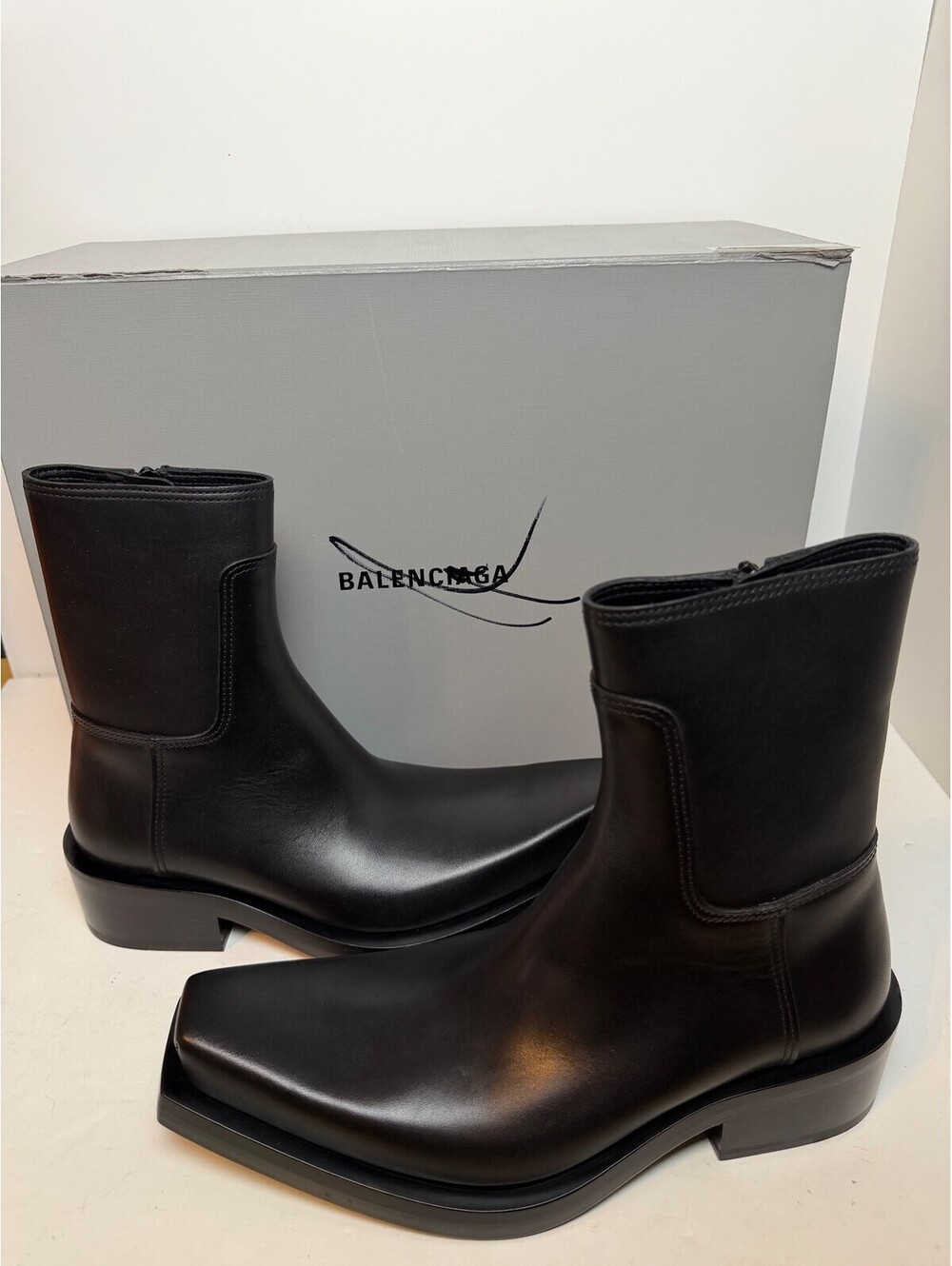 Balenciaga Black Leather Square Toe Ankle Boots